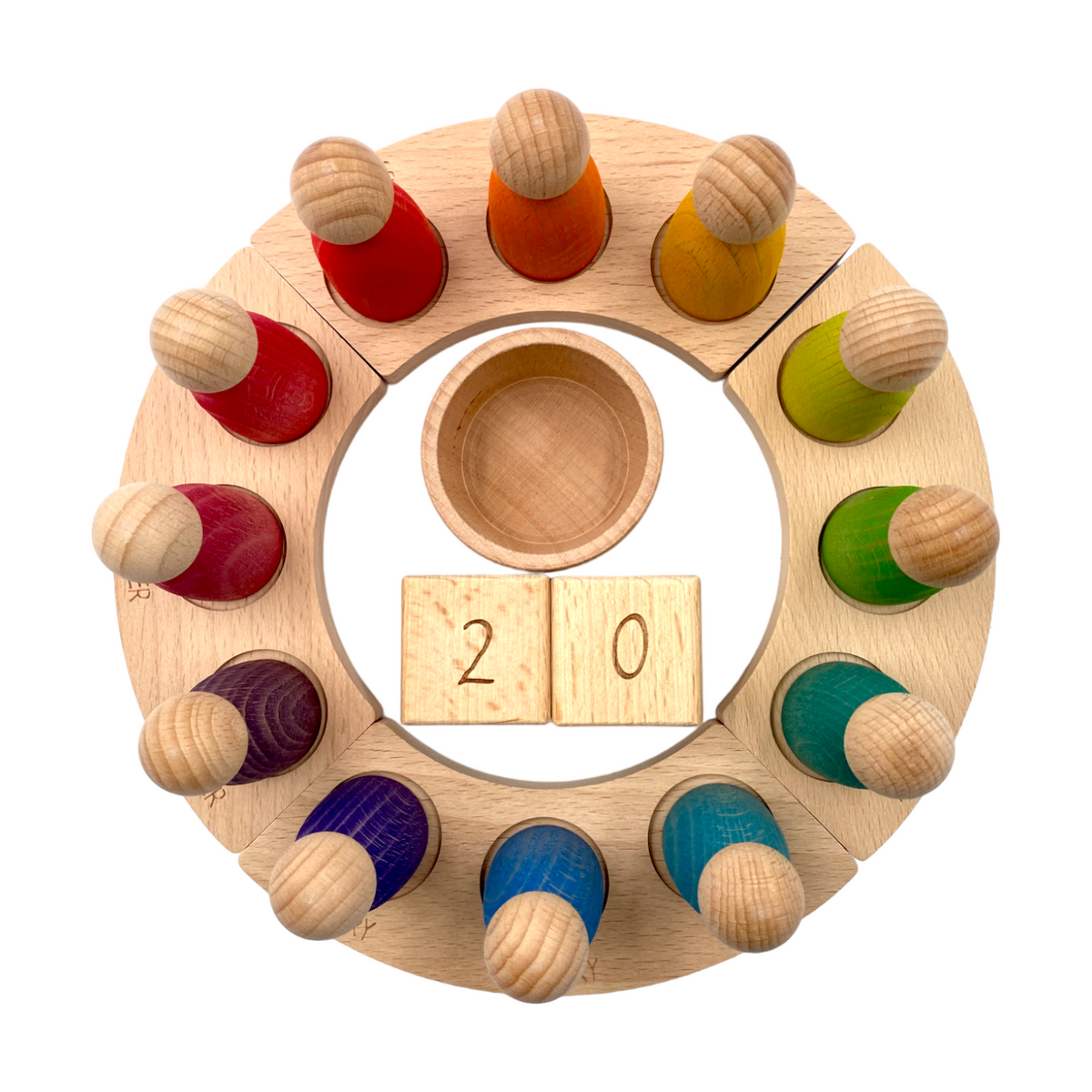 Wooden Perpetual Calendar with 12 Rainbow Peg Figures – view 3