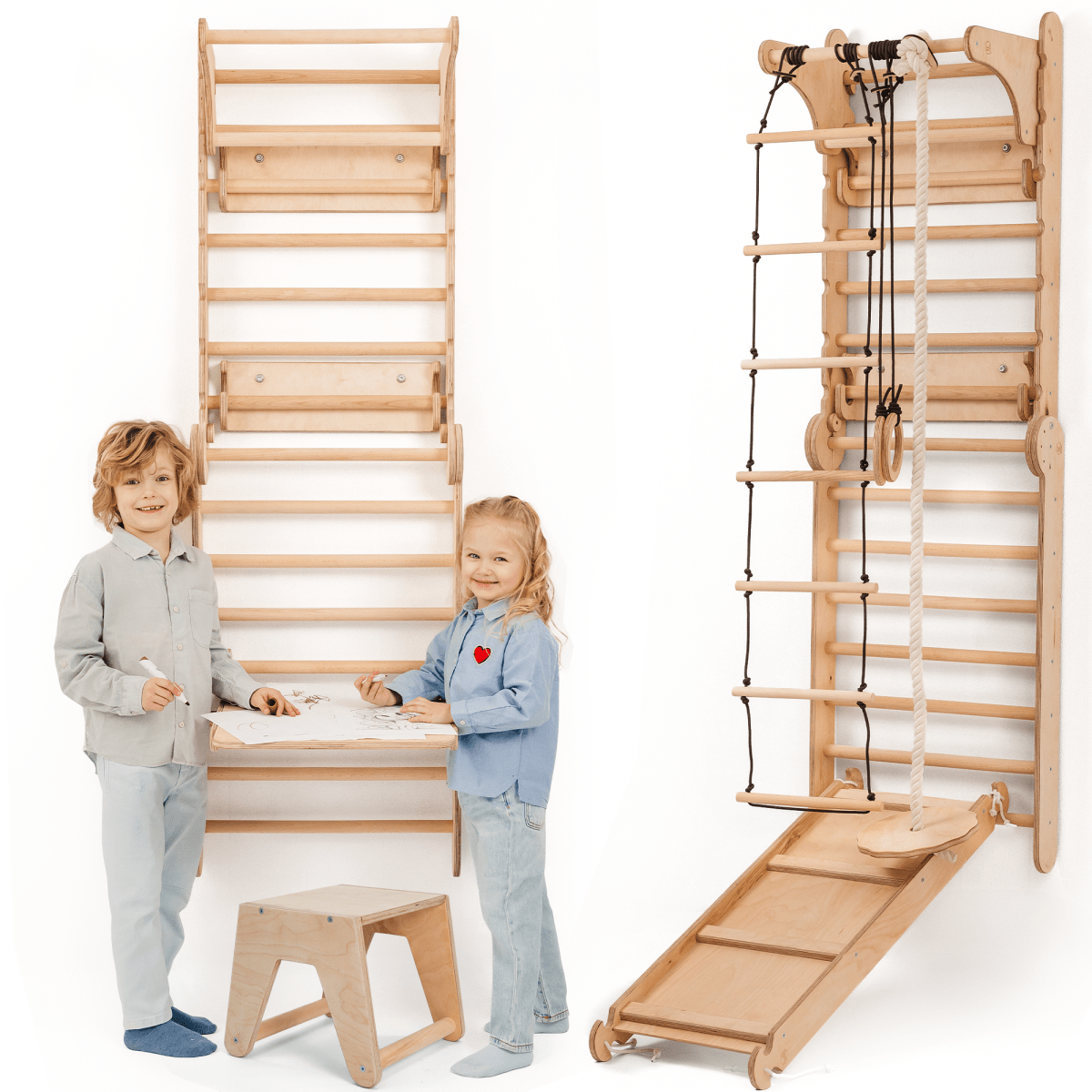 Wooden Swedish Wall / Climbing ladder for Children + Swing Set + Slide Board + Art Add-on - The Baby Penguin