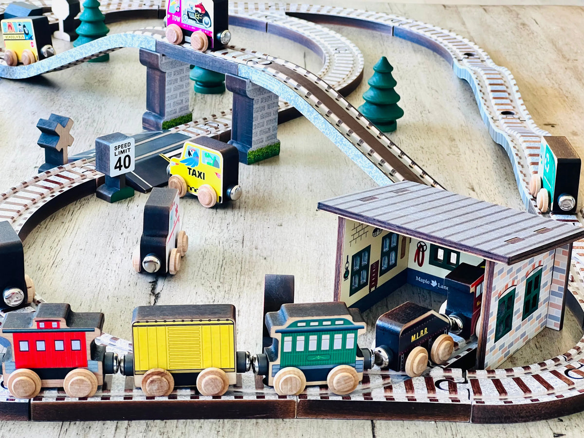 Wooden Train Town Set - Made in the USA | NameTrains Maple Landmark