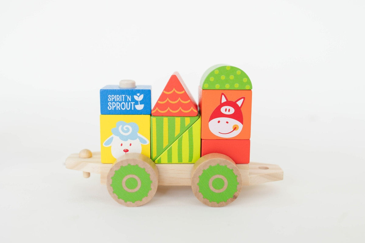 SpiritnSprout: Green-wheeled train car with stacked farm and animal blocks