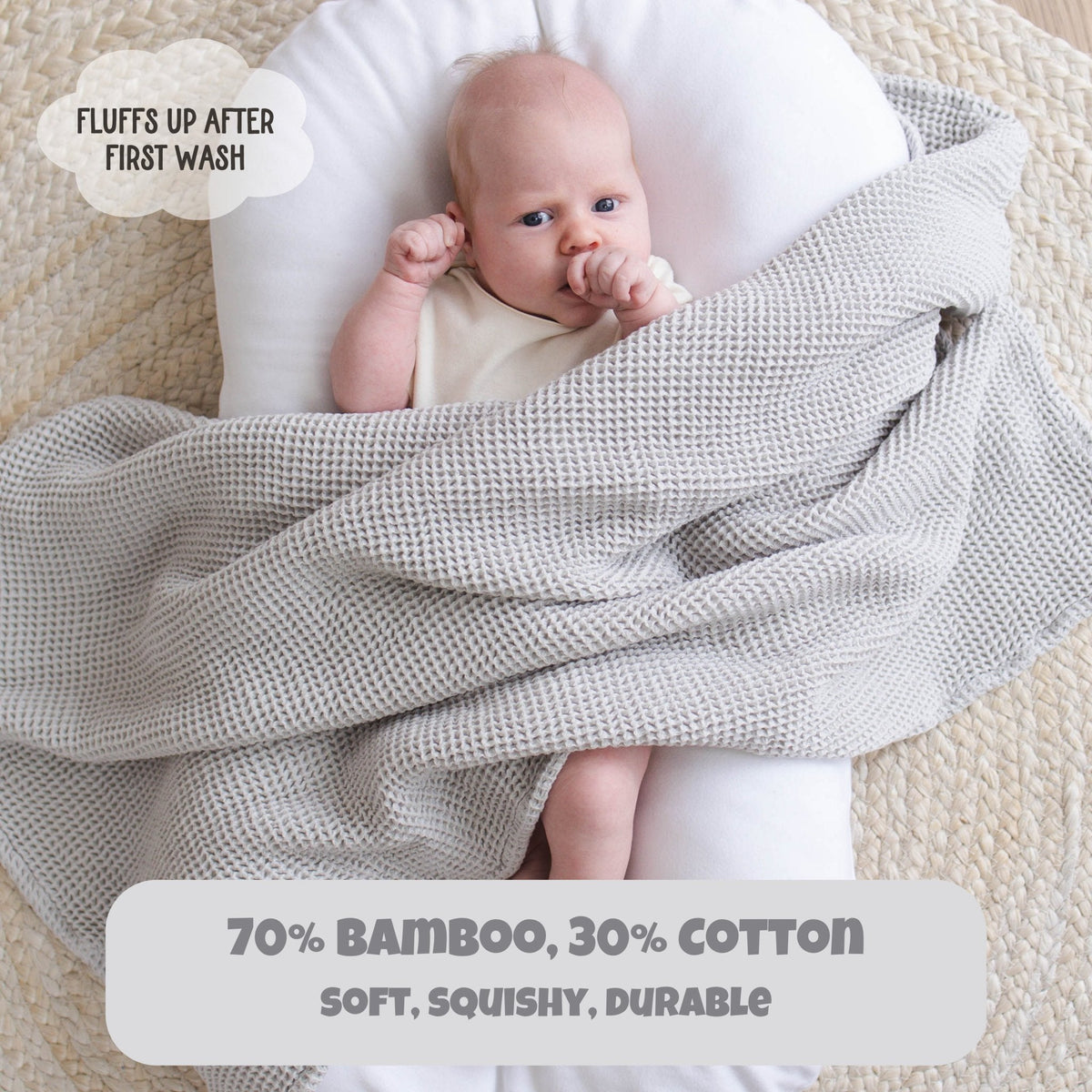 SpiritnSprout: Manufacturer grey blanket graphic with fabric and first-wash information