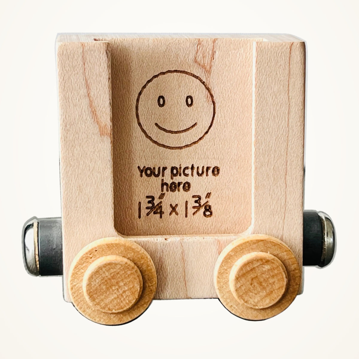 Maple Landmark NameTrains Photo Wooden Train Car photographed on a warm ivory background.