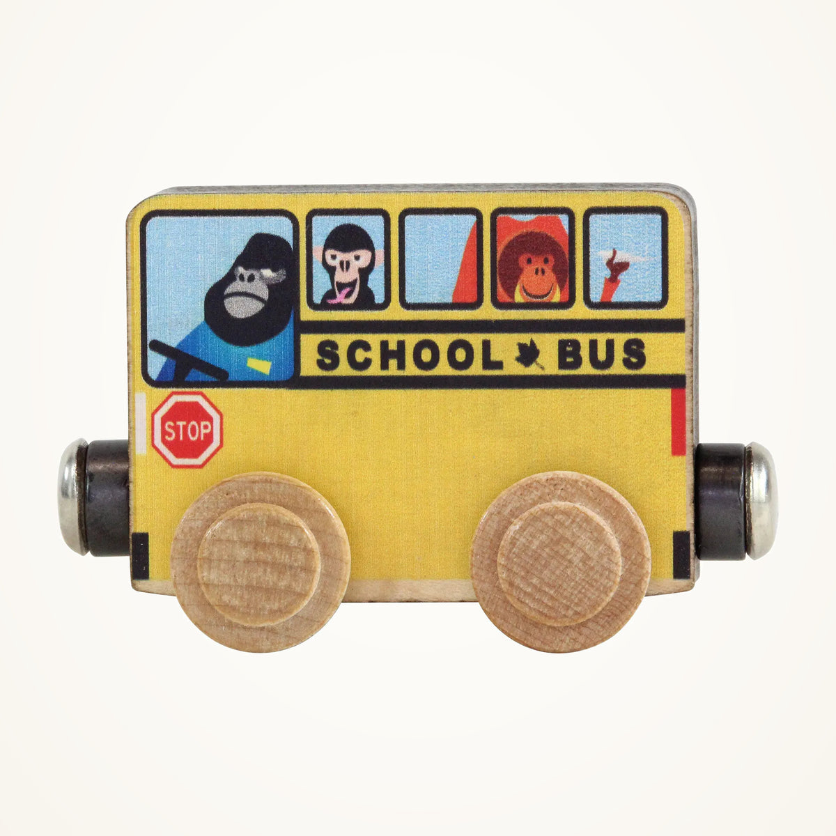 Maple Landmark NameTrains School Bus Wooden Train Car on a warm ivory background