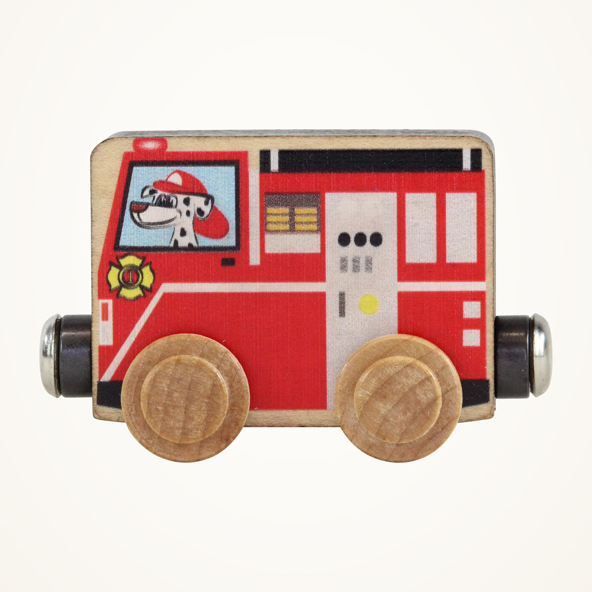 Maple Landmark NameTrains Fire Truck Wooden Train Car photographed on a warm ivory background.