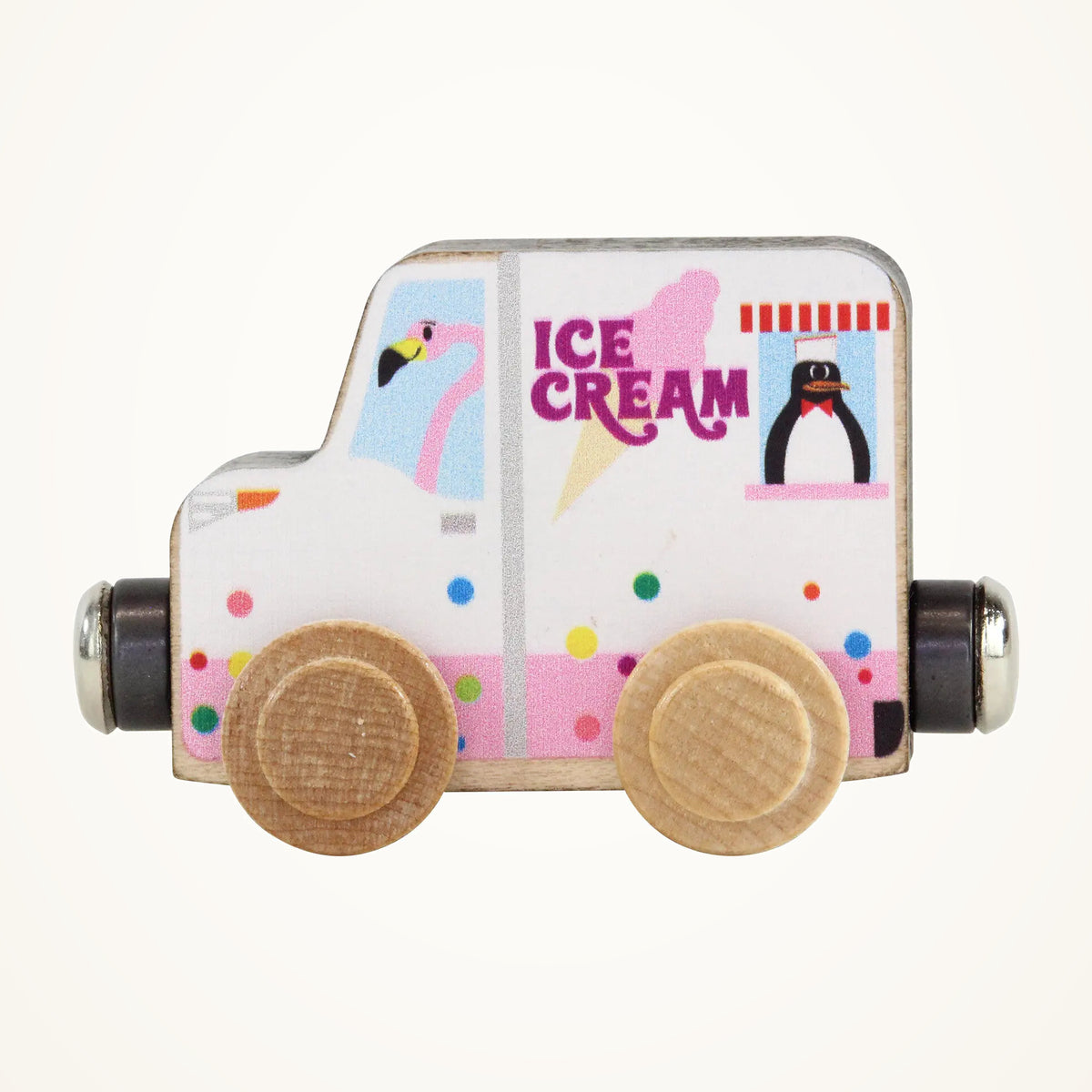 Maple Landmark NameTrains Ice Cream Truck Wooden Train Car photographed on a warm ivory background.
