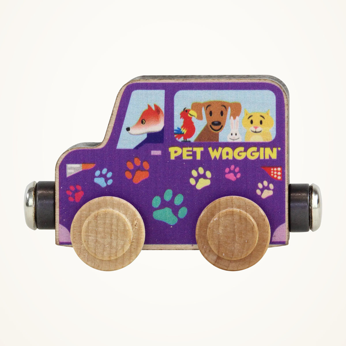 Maple Landmark NameTrains Pet Waggin’ Wooden Train Car on a warm ivory background