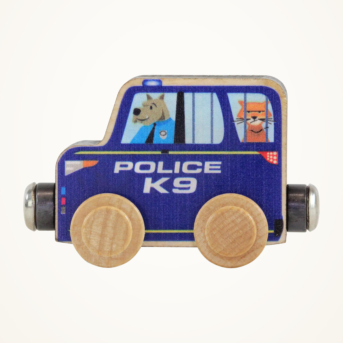 Maple Landmark NameTrains Police Wooden Train Car on a warm ivory background