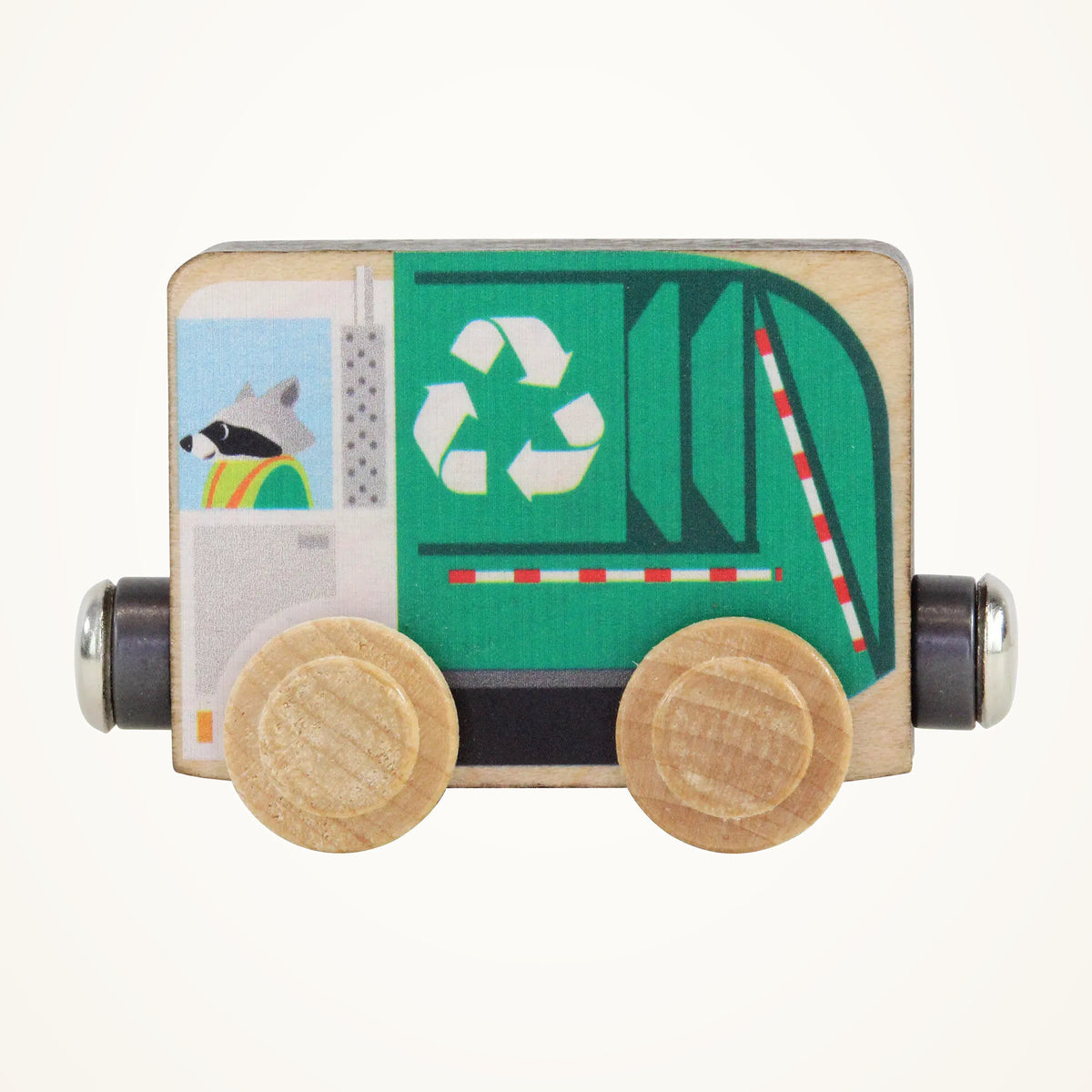 Maple Landmark NameTrains Recycling Truck Wooden Train Car on a warm ivory background