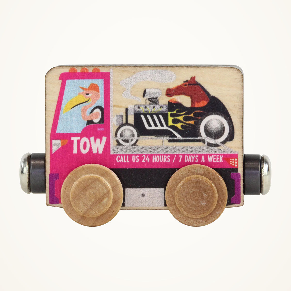 Maple Landmark NameTrains Tow Truck Wooden Train Car photographed on a warm ivory background.