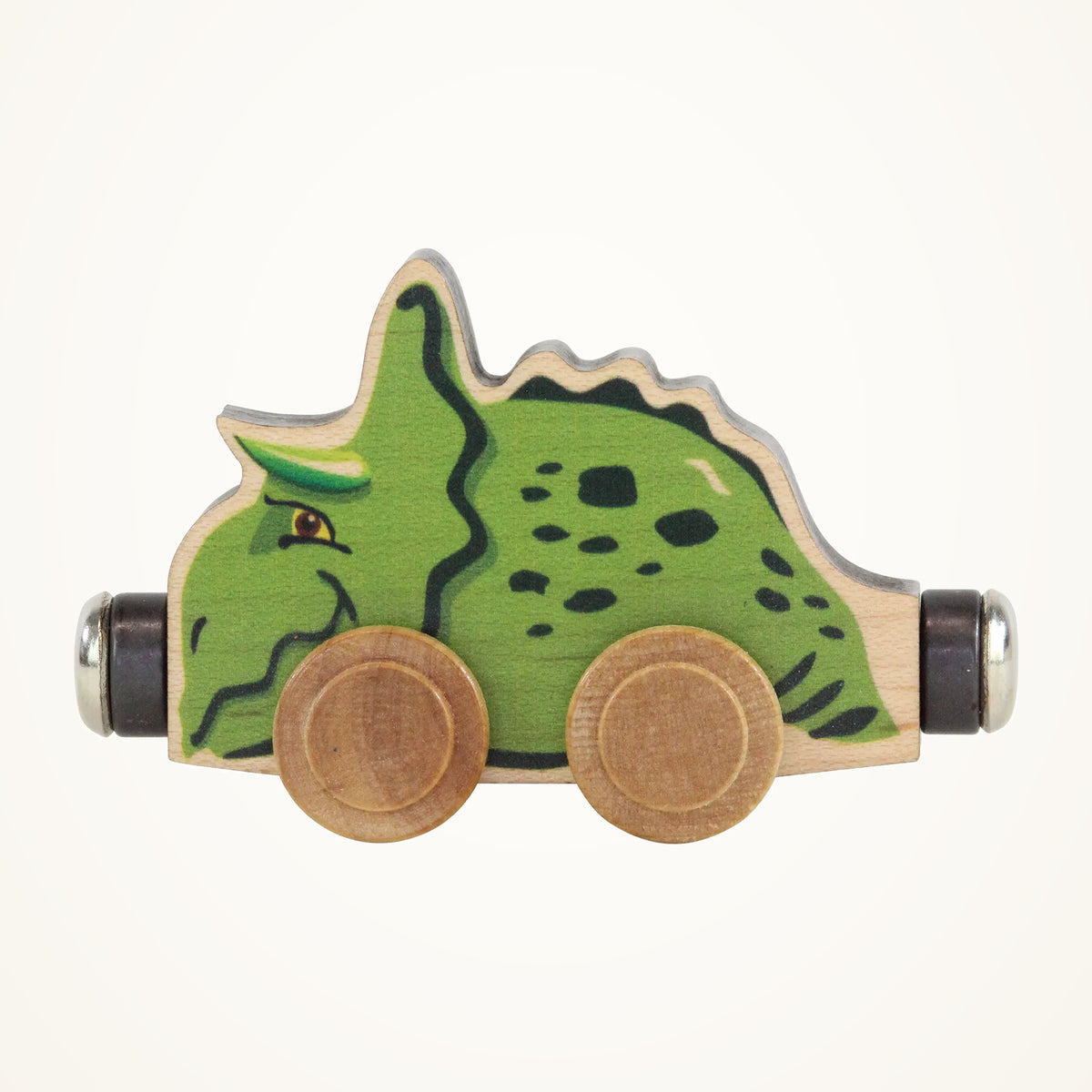 Maple Landmark NameTrains Spike the Triceratops Wooden Train Car on a warm ivory background