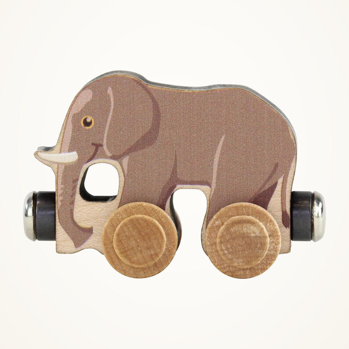 Maple Landmark NameTrains Elmer Elephant Wooden Train Car photographed on a warm ivory background.