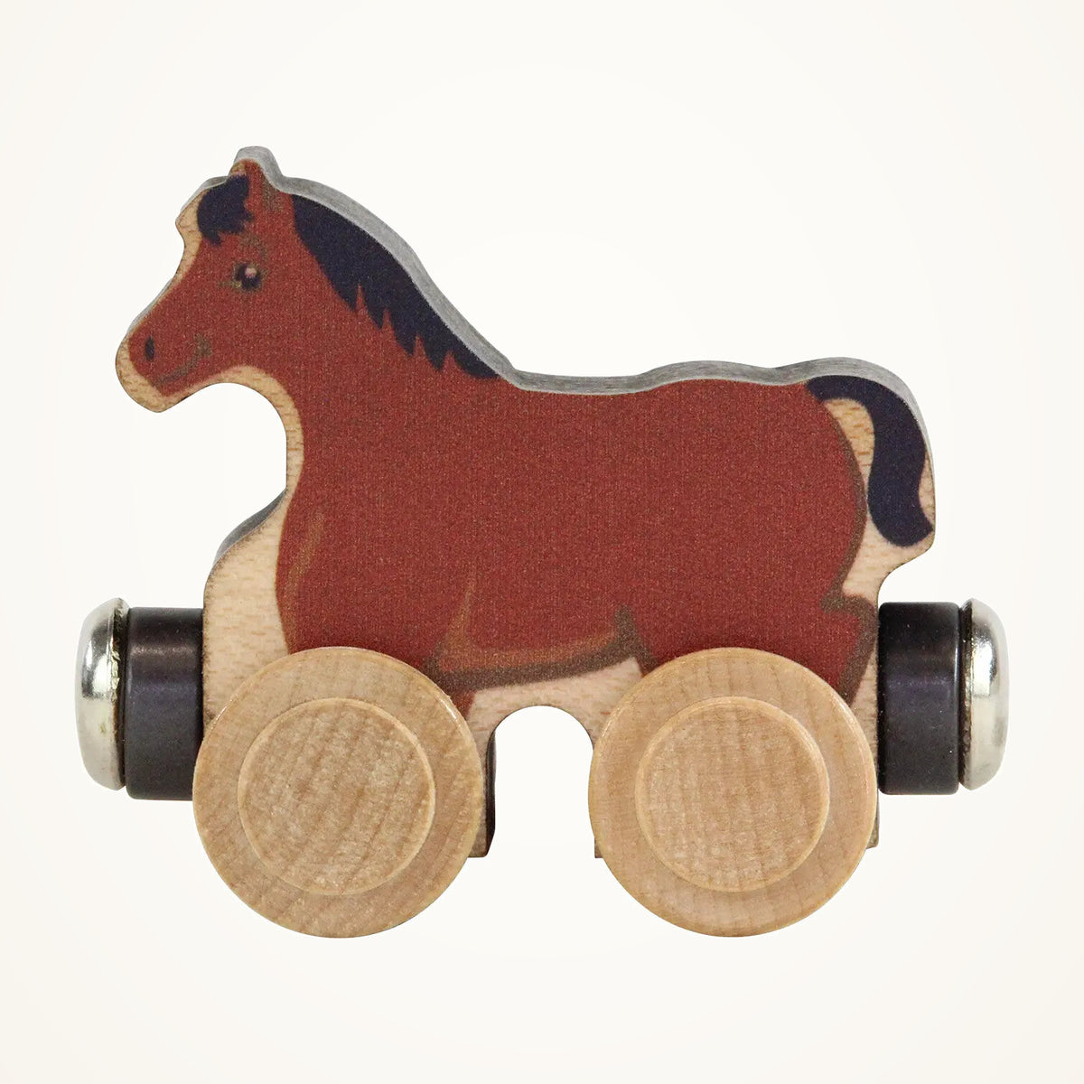 Maple Landmark NameTrains Morgan the Horse Wooden Train Car photographed on a warm ivory background.