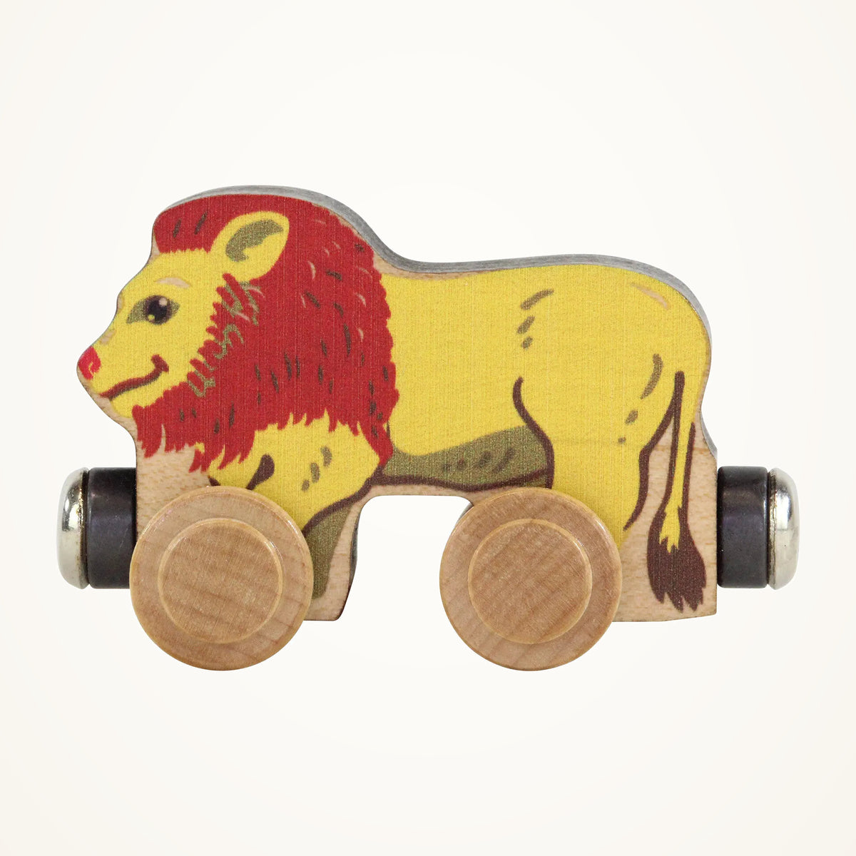 Maple Landmark NameTrains Leonardo Lion Wooden Train Car photographed on a warm ivory background.