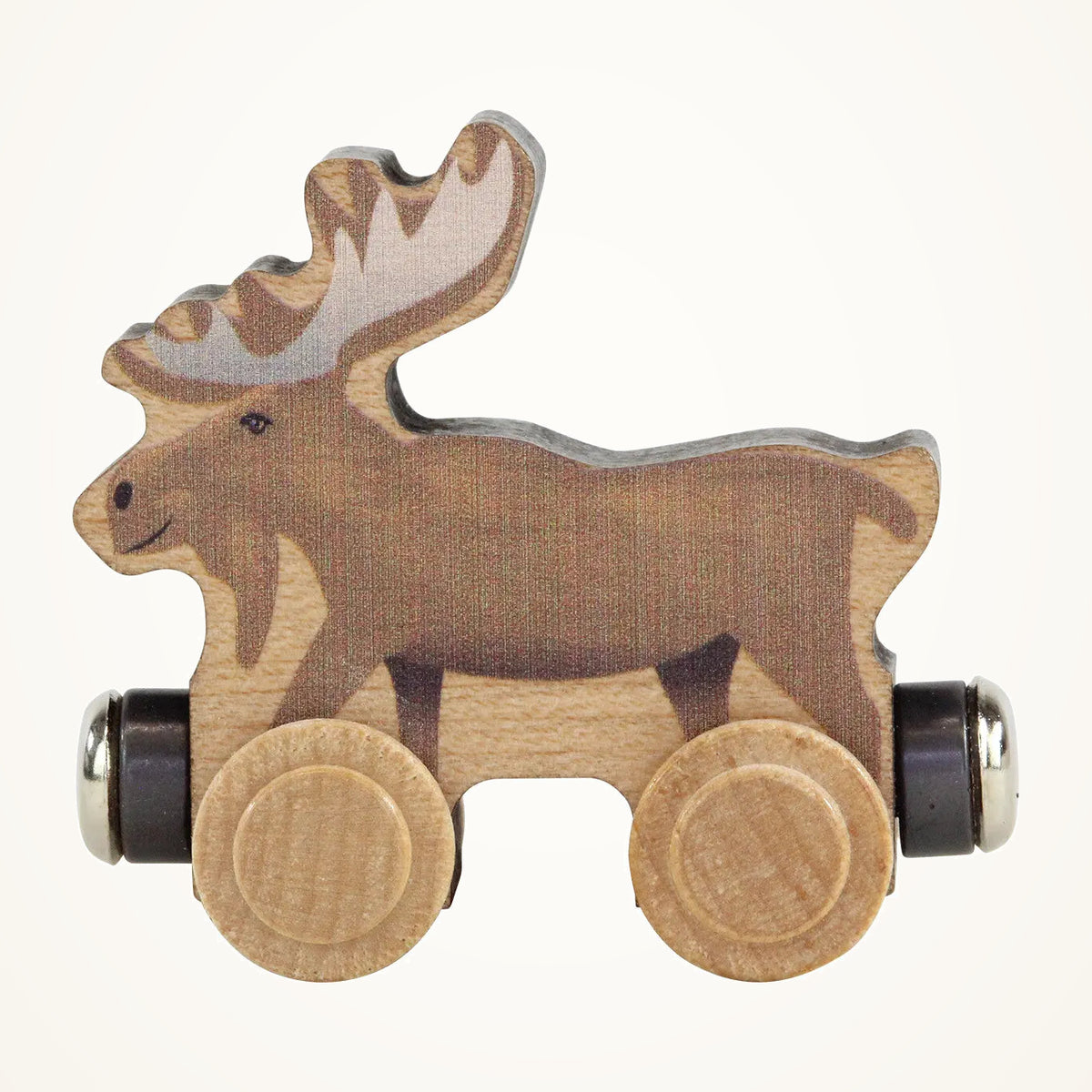 Maple Landmark NameTrains Maple the Moose Wooden Train Car photographed on a warm ivory background.