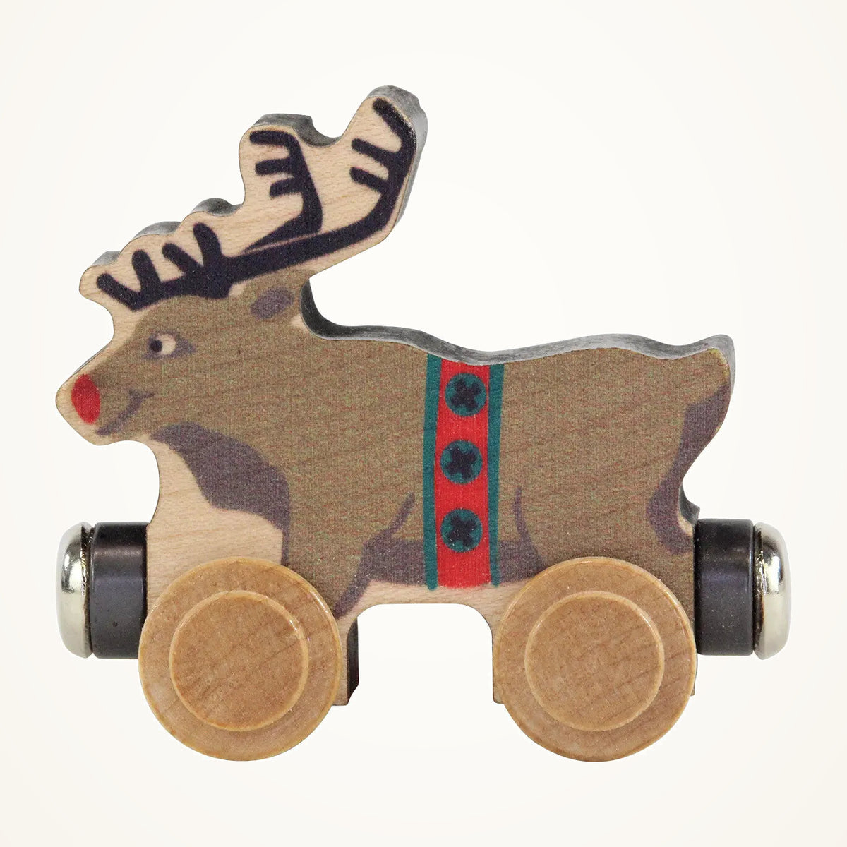 Maple Landmark NameTrains Rudy Reindeer Wooden Train Car on a warm ivory background