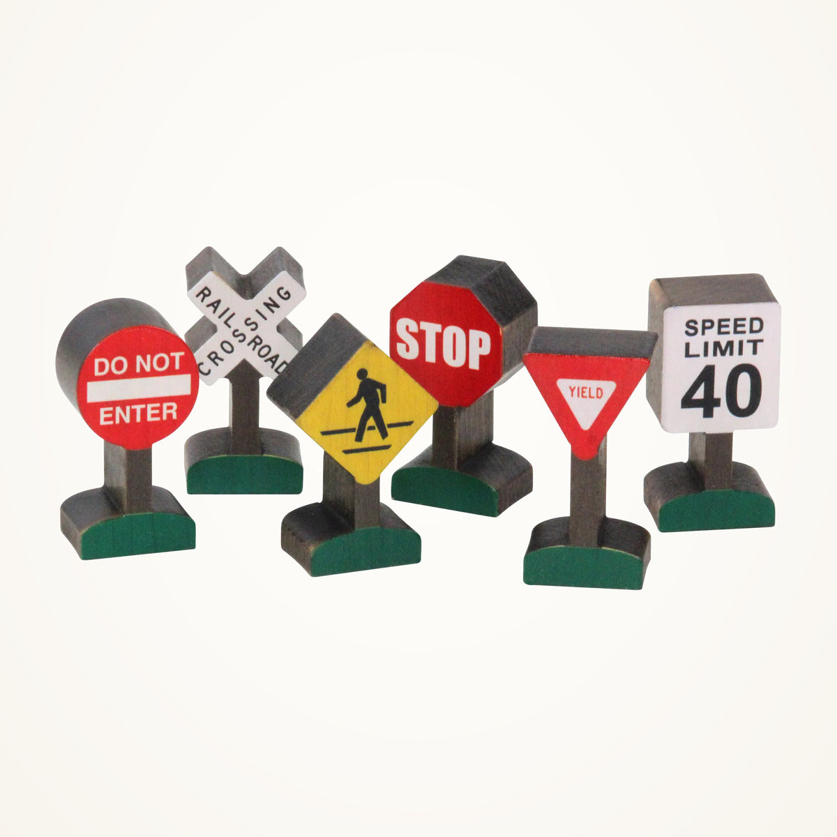 Maple Landmark NameTrains Road Signs Play Set, 6 Pieces on a warm ivory background