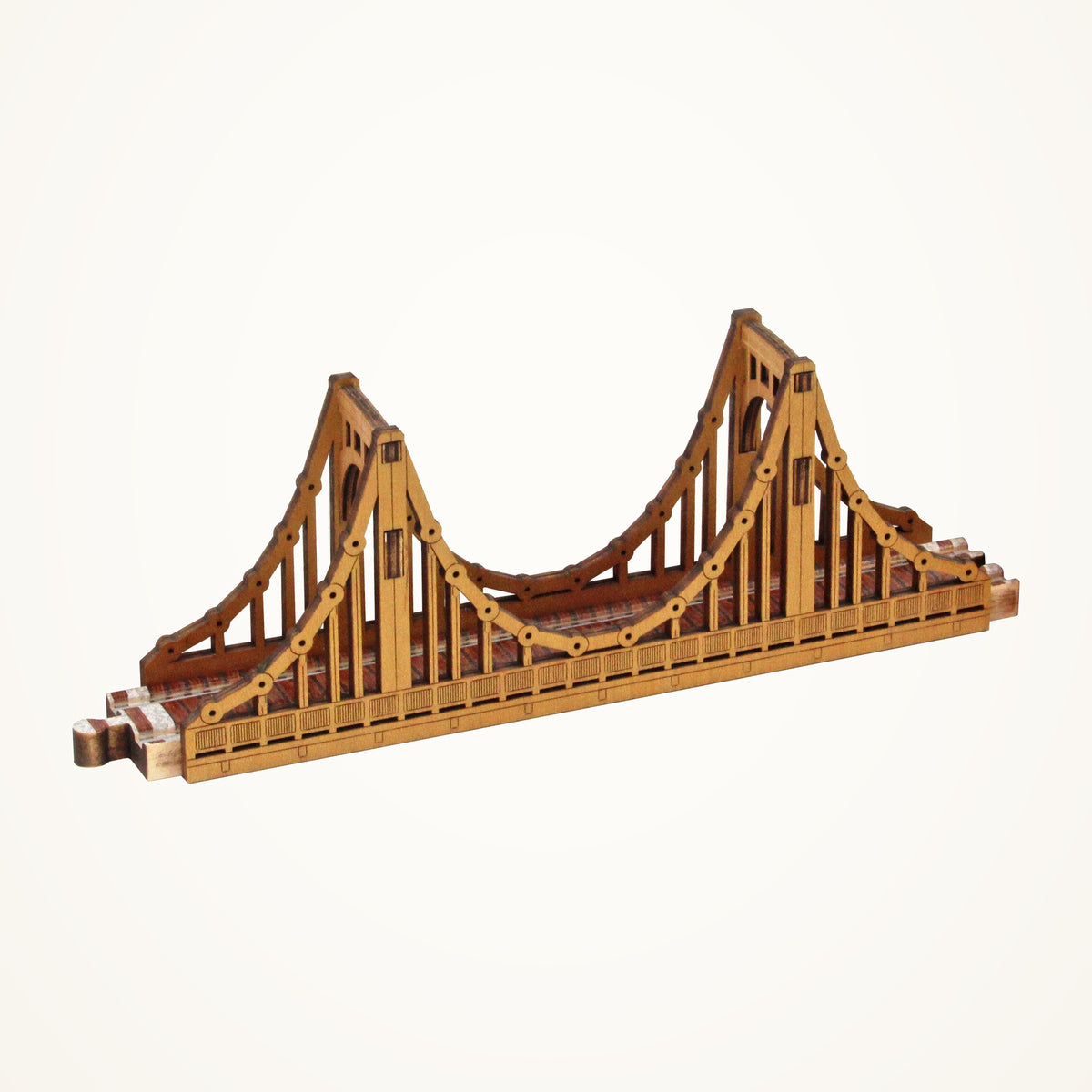Maple Landmark NameTrains Roberto Clemente Wooden Train Bridge photographed on a warm ivory background.