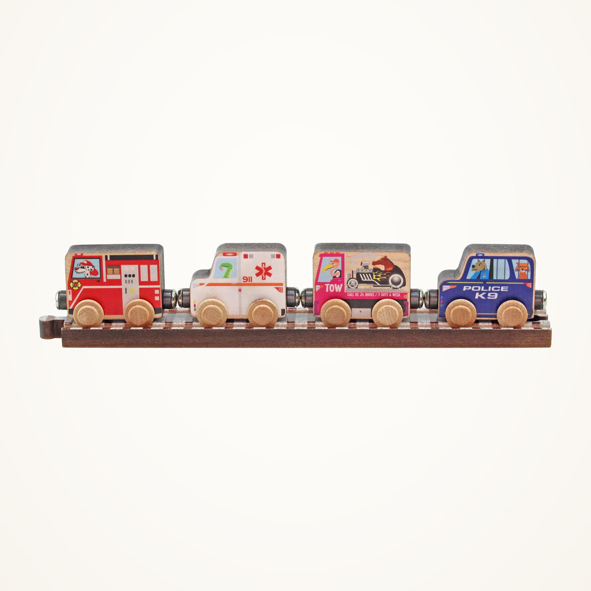 Maple Landmark Community Train Car Set photographed on a warm ivory background.
