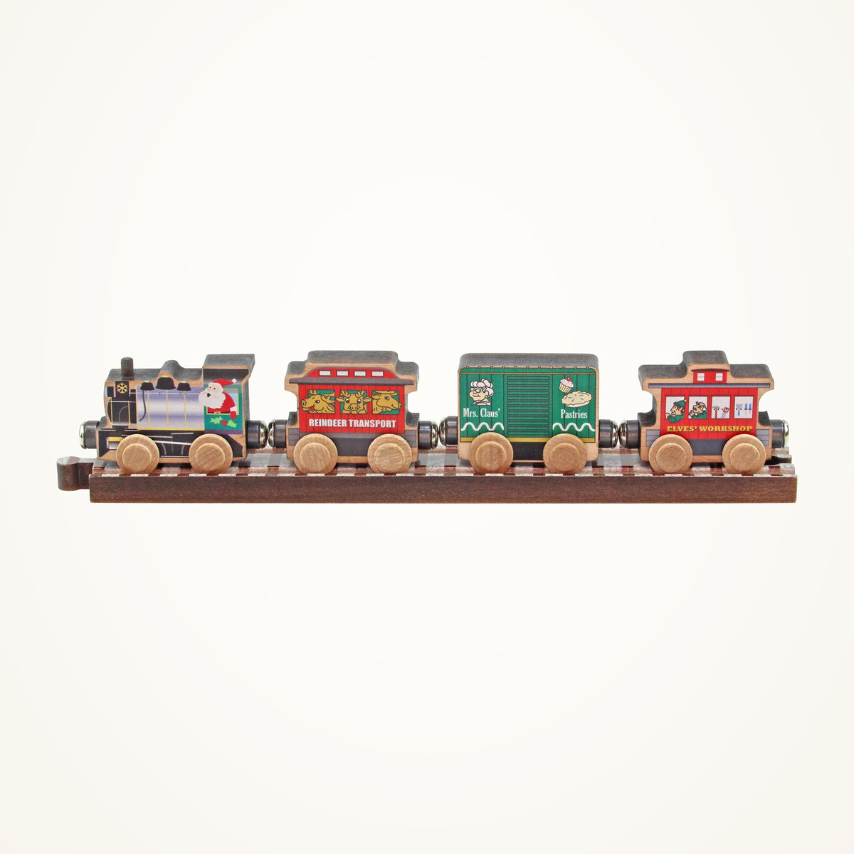 Maple Landmark NameTrains Santa Wooden Train Car Set on a warm ivory background