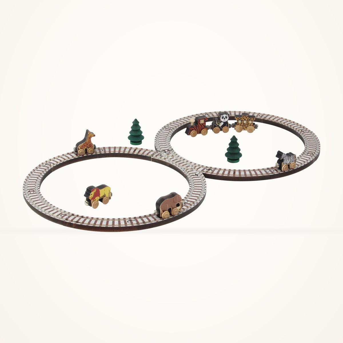 Maple Landmark Safari Animal Train Set with figure-eight track and animal cars on a warm ivory background.