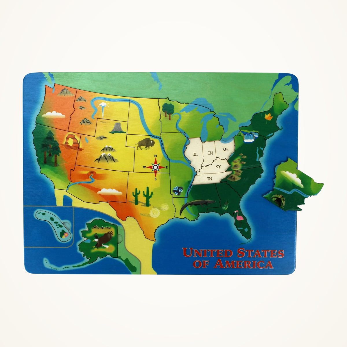 Maple Landmark Lift & Learn U.S. Map Puzzle photographed on a warm ivory background.