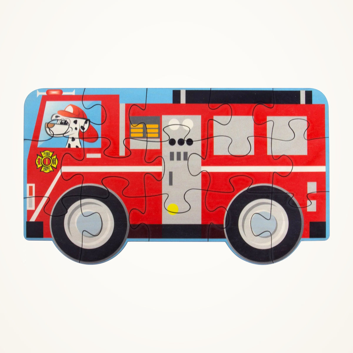Maple Landmark Fire Truck Jigsaw Puzzle photographed on a warm ivory background.