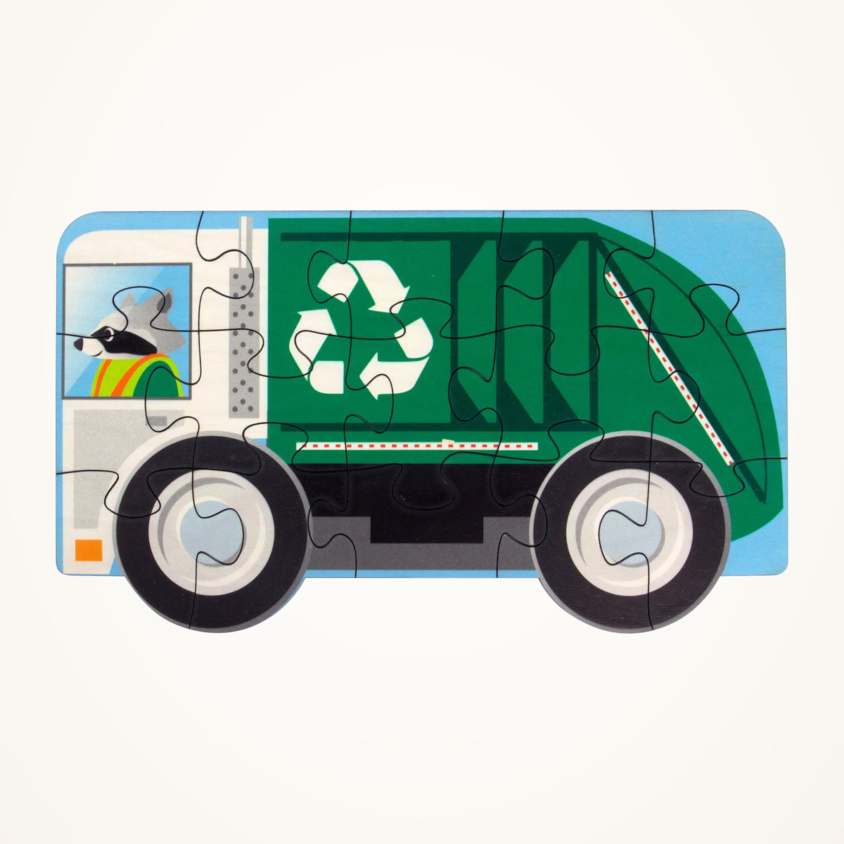 Maple Landmark Recycling Truck Wooden Jigsaw Puzzle, 15 Pieces photographed on a warm ivory background.