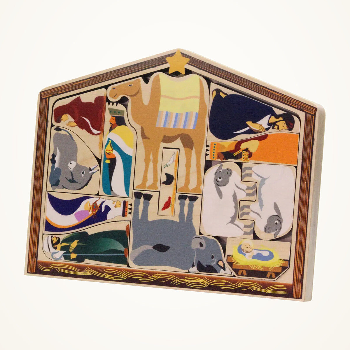 Maple Landmark Wooden Nativity Puzzle & Play Set, 13 Pieces photographed on a warm ivory background.