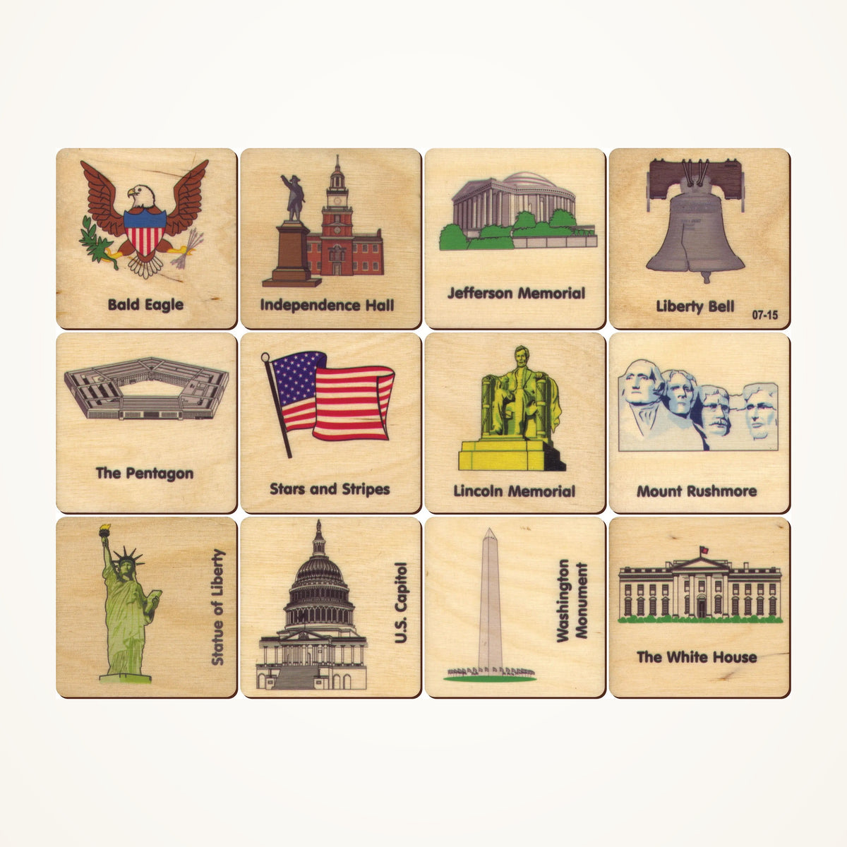 Maple Landmark American Icons Memory Tiles photographed on a warm ivory background.