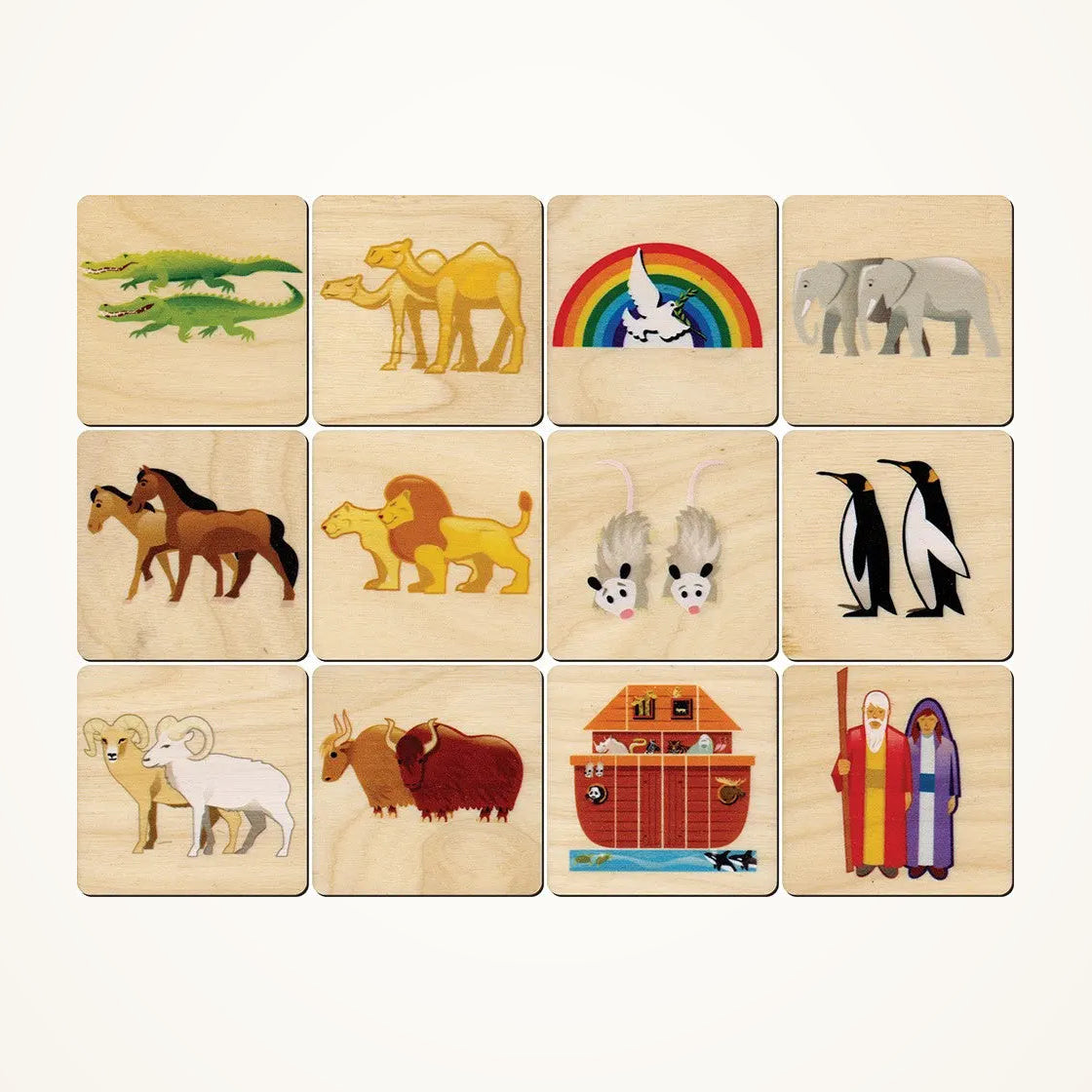 Maple Landmark Noah's Ark Memory Tiles photographed on a warm ivory background.