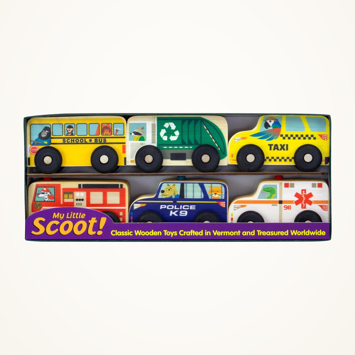 Maple Landmark Public Service Wooden Scoot Vehicle Set, 6 Pieces photographed on a warm ivory background.