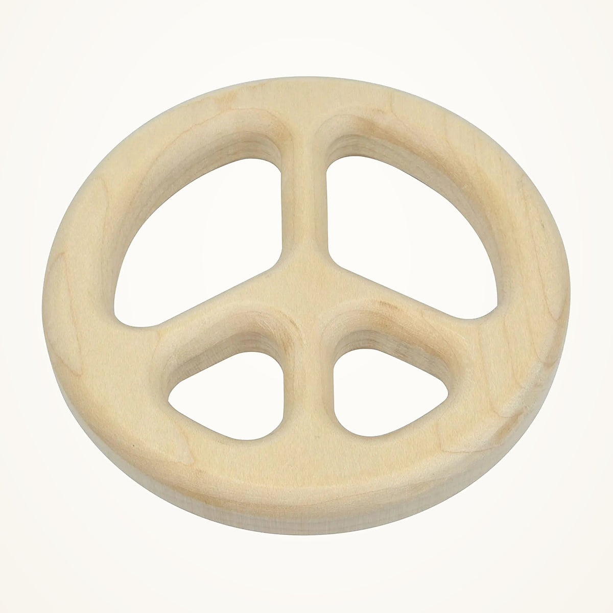 Maple Landmark Peace Sign Wooden Teether photographed on a warm ivory background.