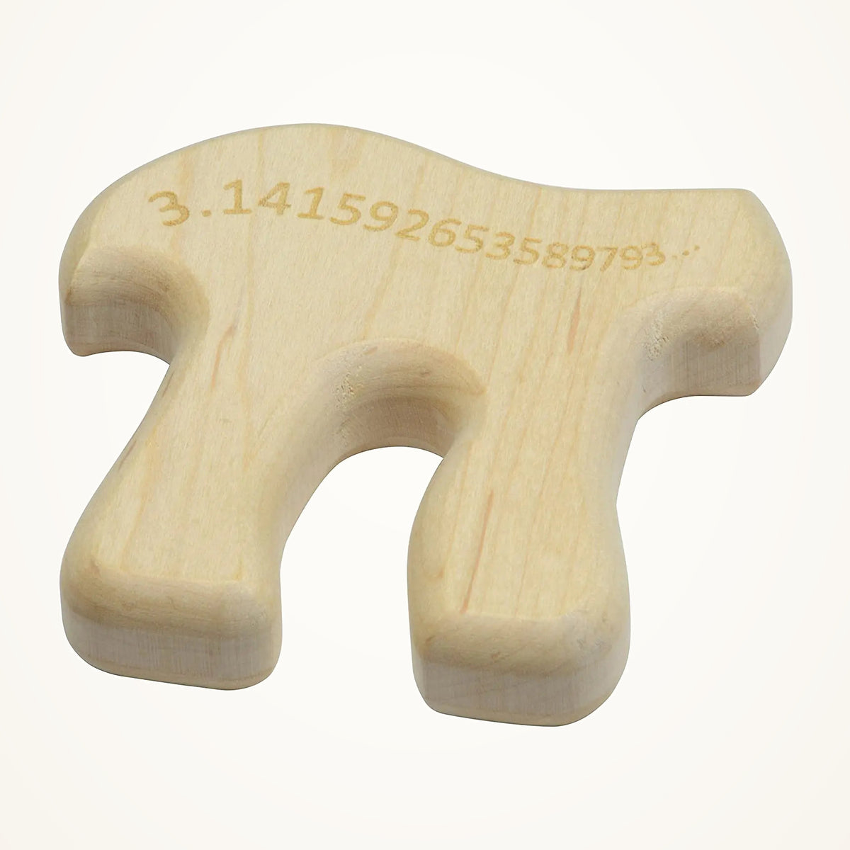 Maple Landmark Pi Wooden Teether photographed on a warm ivory background.