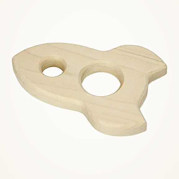 Maple Landmark Rocket-Shaped Maple Wooden Baby Teether photographed on a warm ivory background.