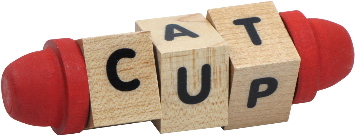 Maple Landmark Spinny Speller wooden letter blocks with red ends