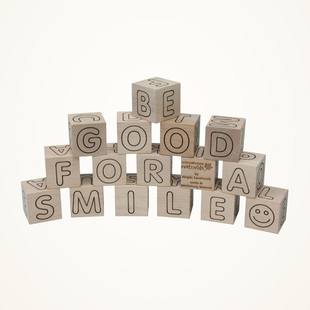 Maple Landmark Simple ABC Wooden Letter Blocks, 16 Pieces on a warm ivory background