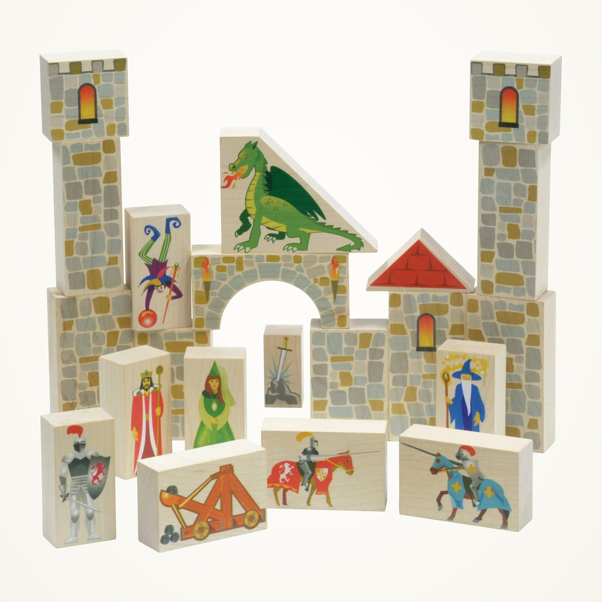 Maple Landmark Castle Wooden Block Set photographed on a warm ivory background.