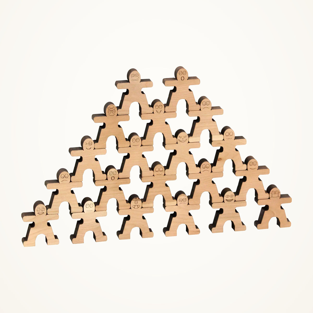 Maple Landmark Stacking Dudes Wooden Balancing Set, 20 Pieces on a warm ivory background