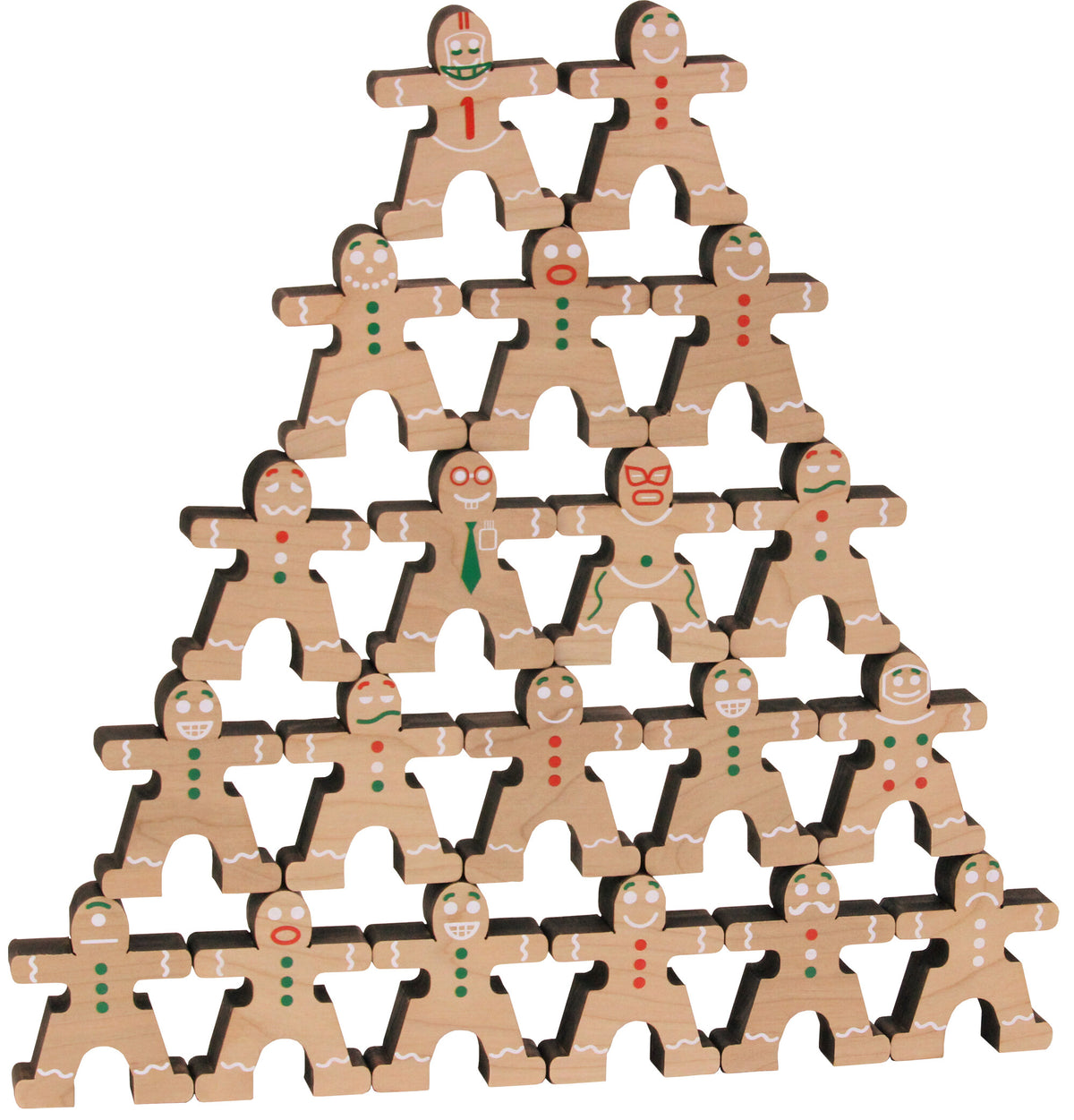 Gingerbread Guys wooden stacking figures arranged in a pyramid