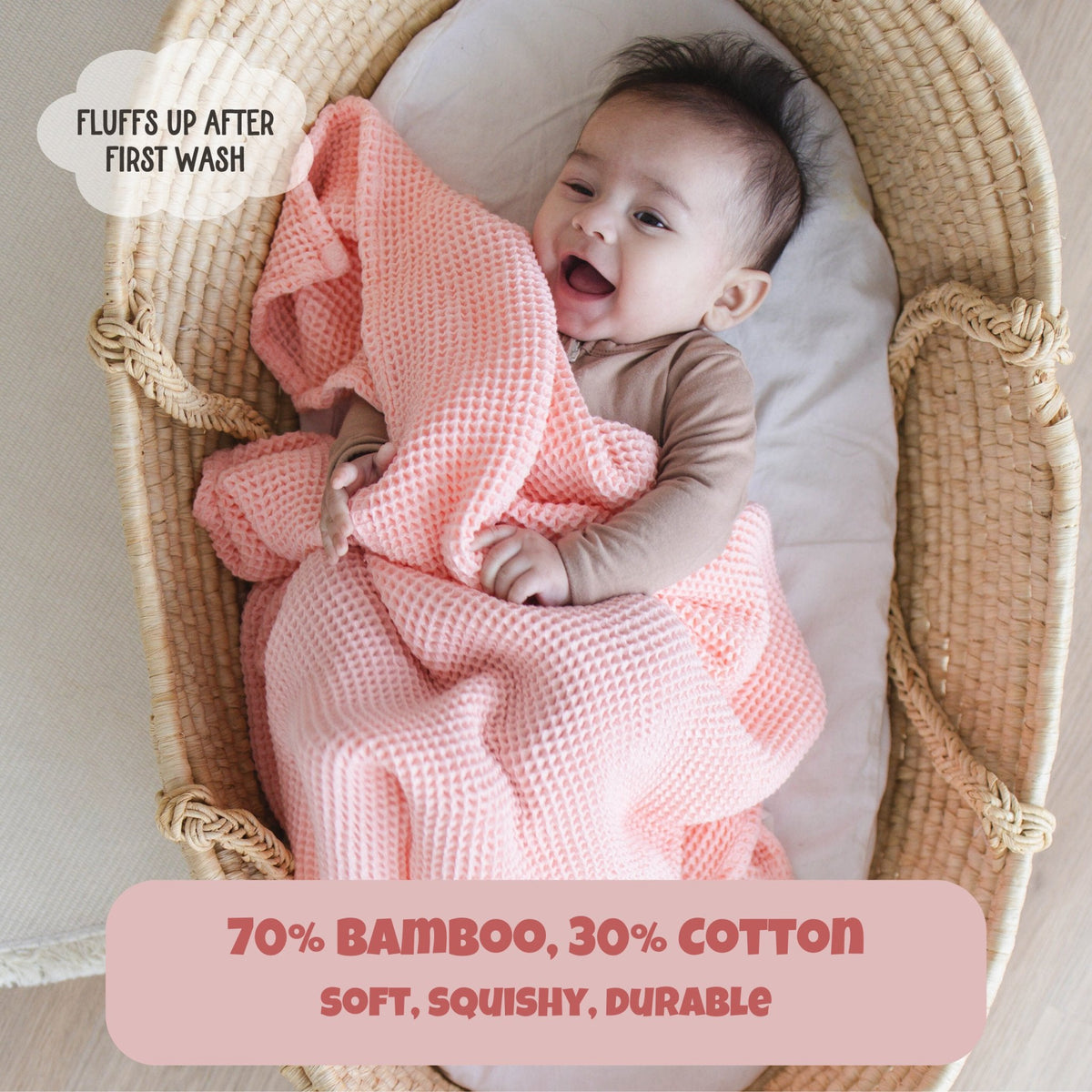 SpiritnSprout: Manufacturer rose pink blanket graphic showing waffle texture and fabric information