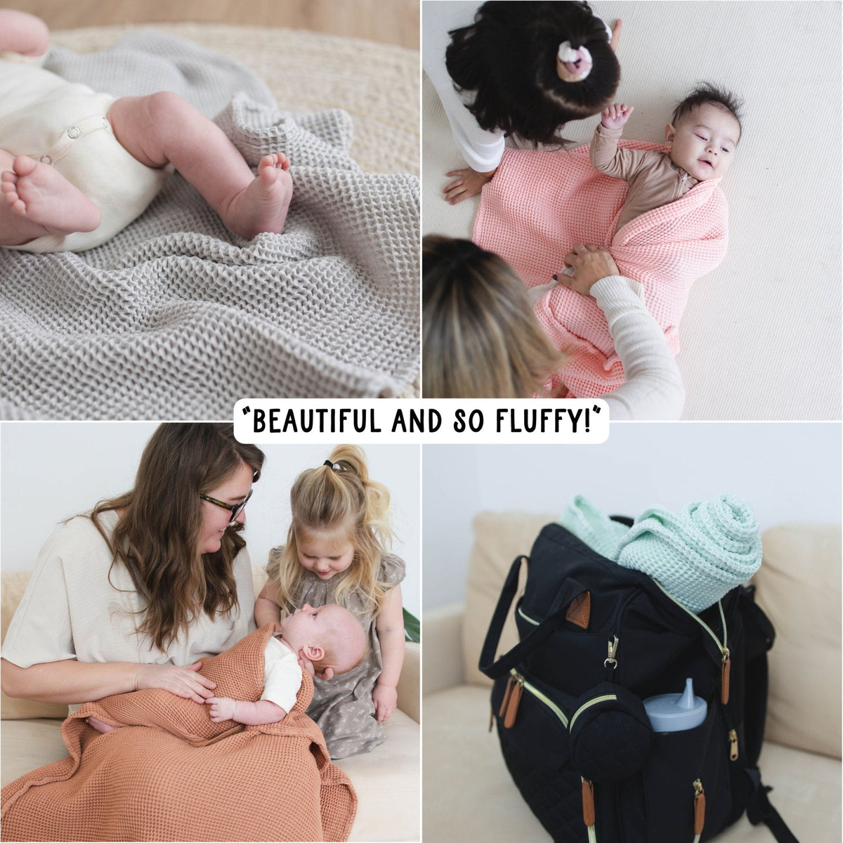 SpiritnSprout: Collage showing waffle blankets in several colors during family use