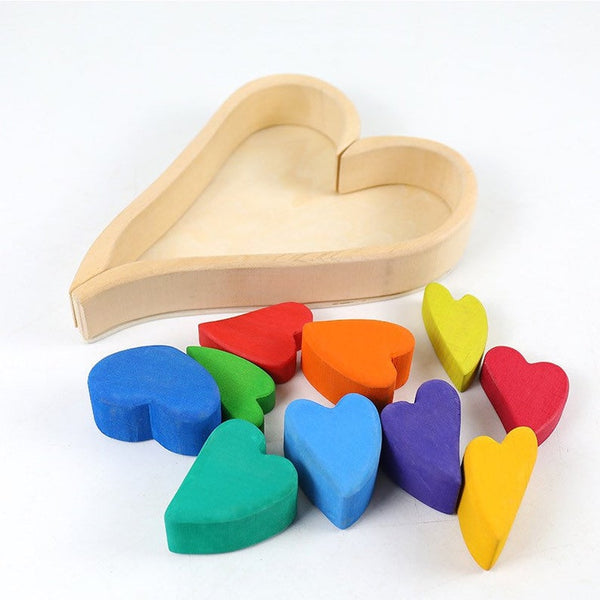 10 Pcs STAINED Rainbow Heart-shaped Wooden Stacking Puzzle Blocks | toys | The Baby Penguin