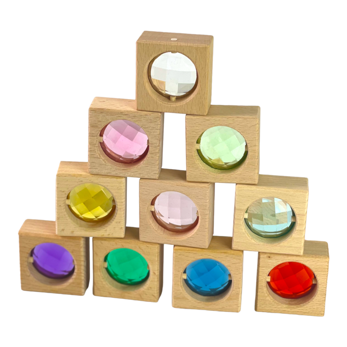 Ten square wooden window blocks stacked into a pyramid with colored acrylic gems