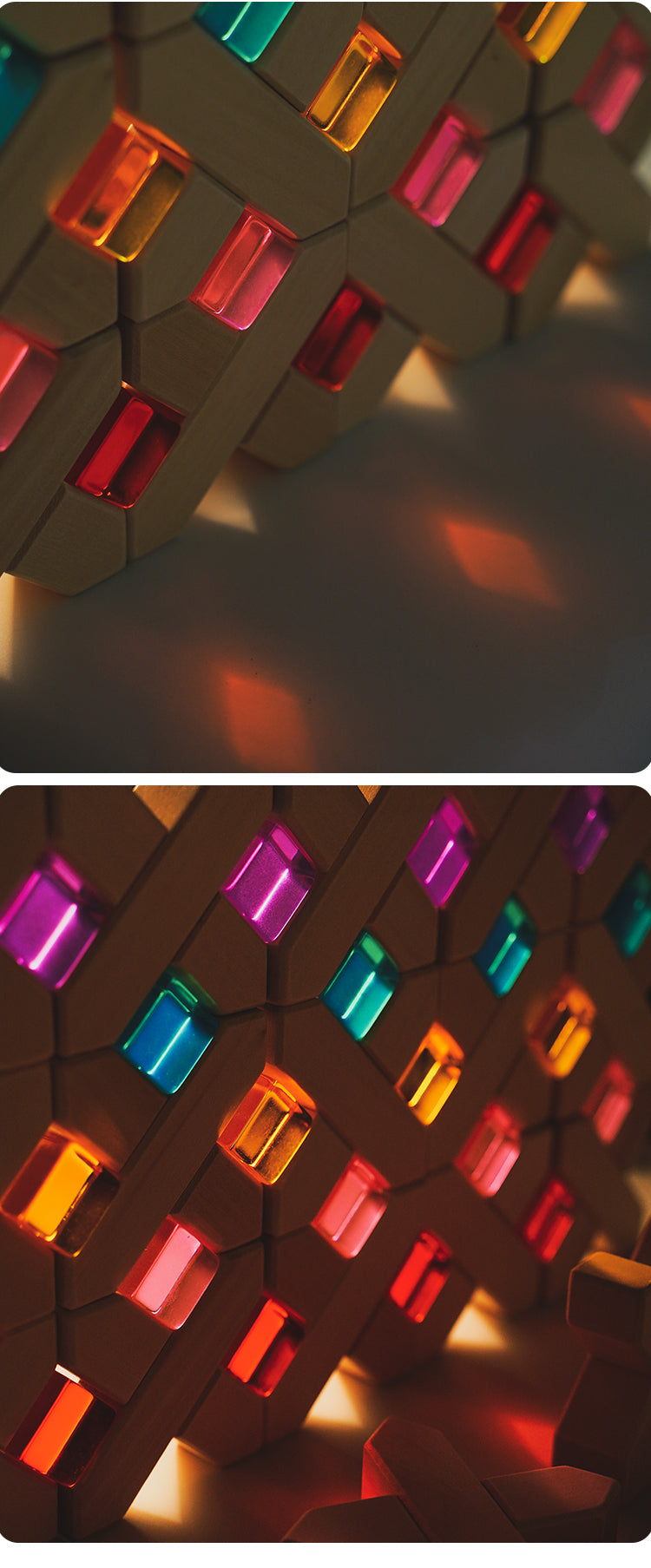 Lucite cubes set into wooden blocks with colored light shining through; wooden blocks sold separately