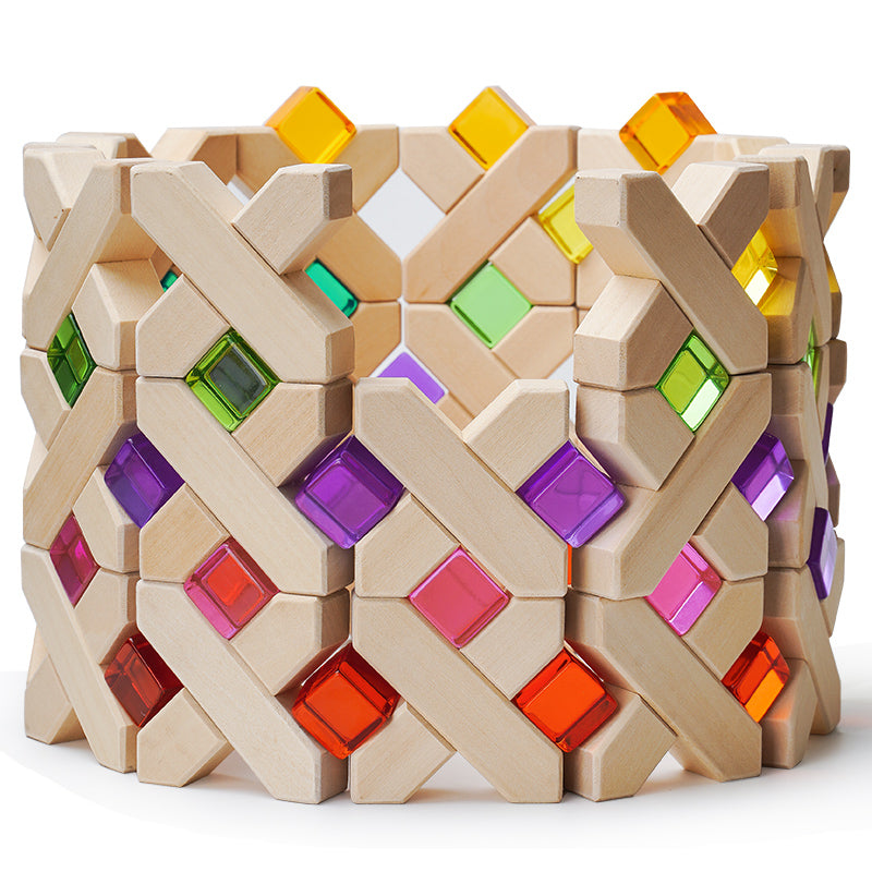 Rainbow lucite cubes combined with wooden X-shaped blocks; wooden blocks sold separately