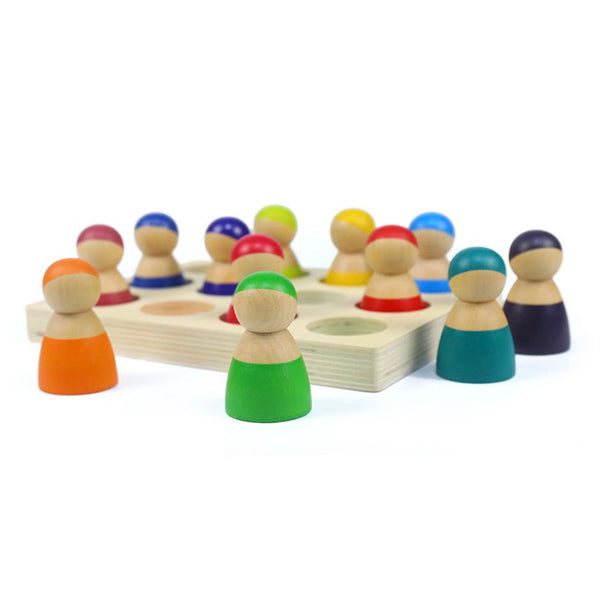 12 Pcs Rainbow Peg Doll People with Tray in Primary Colors |  | The Baby Penguin