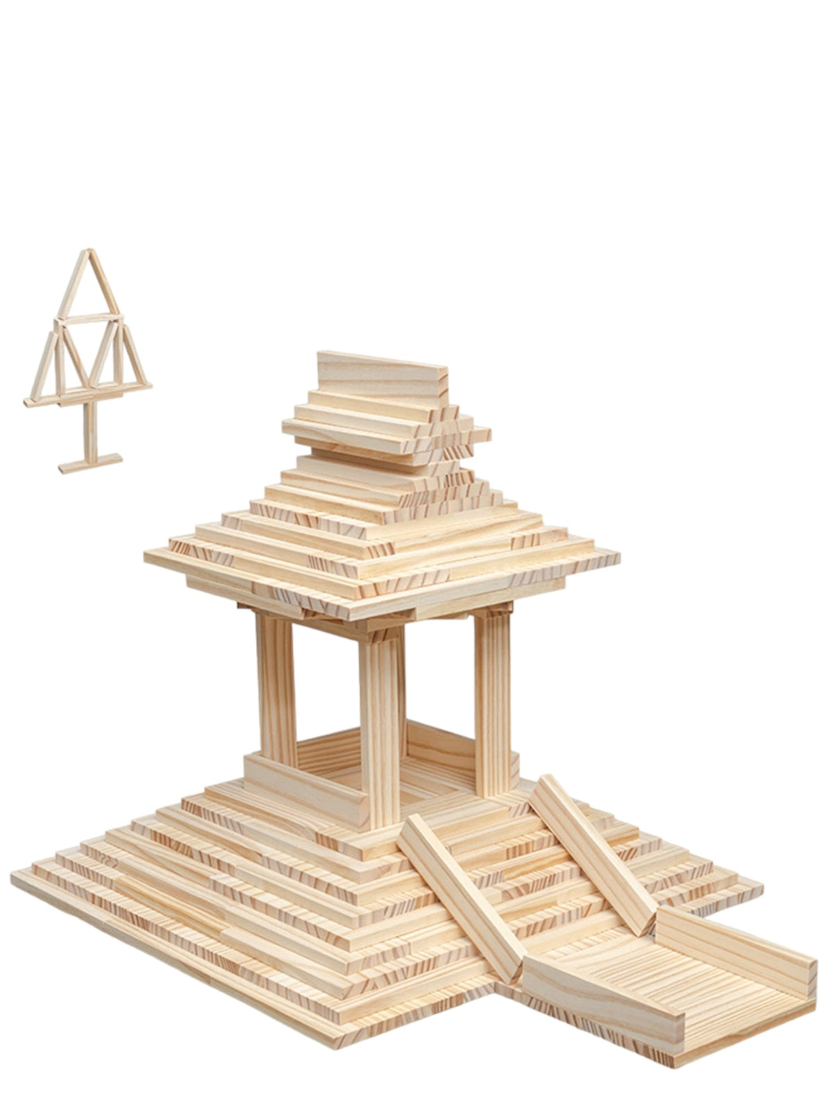 Tiered tower and bridge built from wooden planks