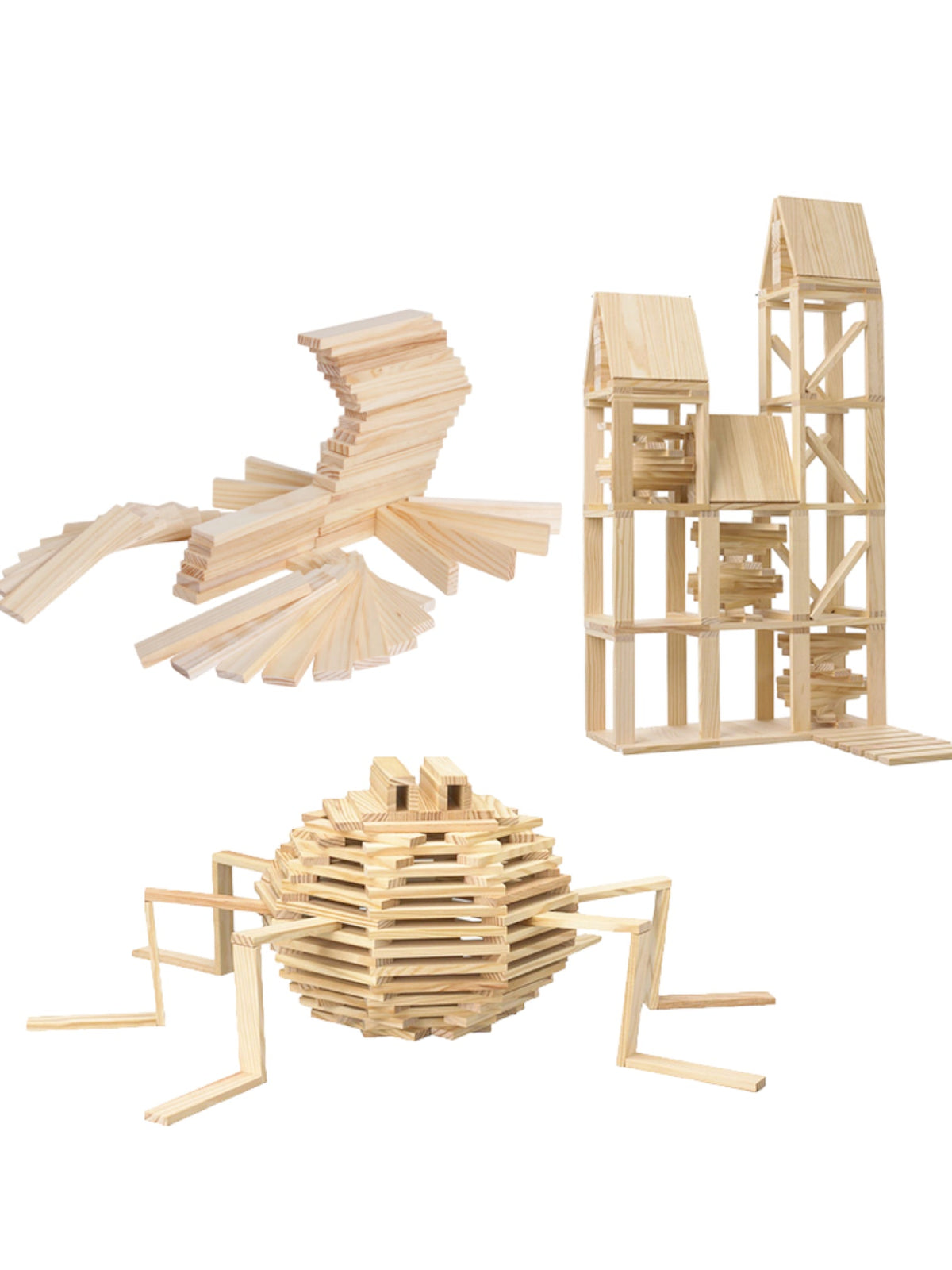 Animal and tower shapes built from natural wooden planks