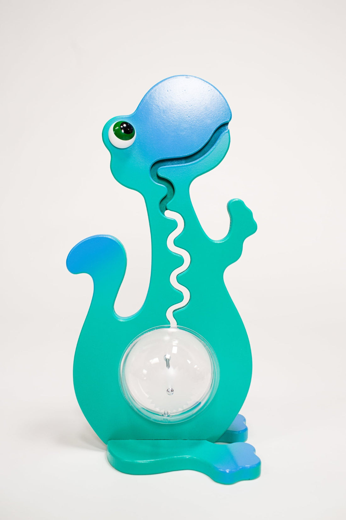 Front view of the aqua and blue dinosaur coin bank