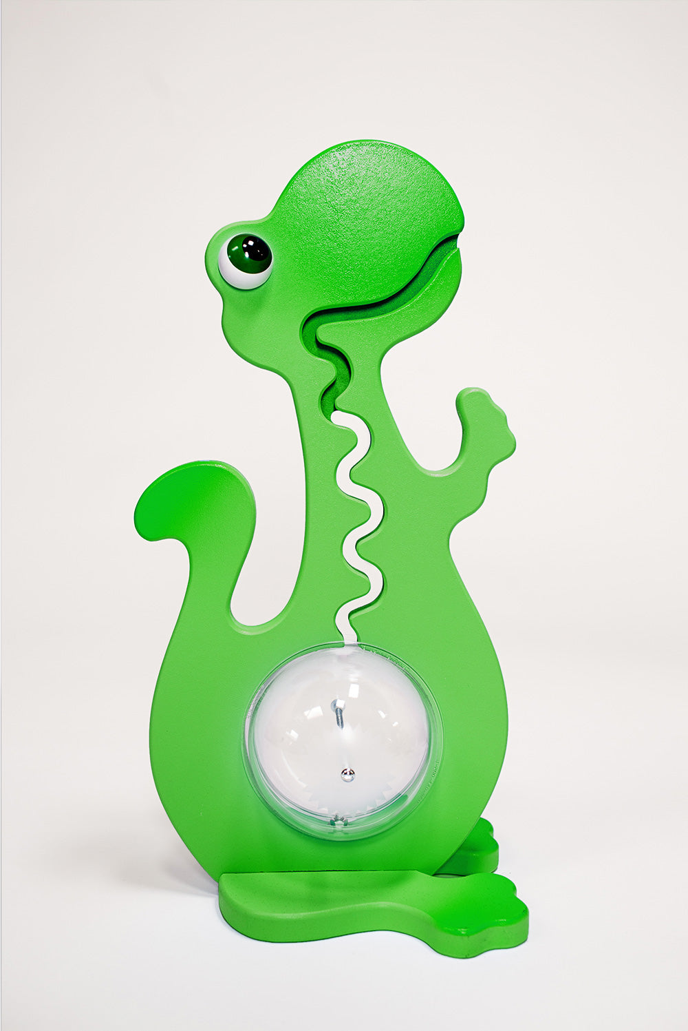 Front view of the green dinosaur coin bank